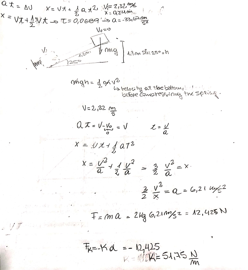 A block of mass 2 kg slides down a frictionless ramp of length 1.3 m tilted at an-example-1