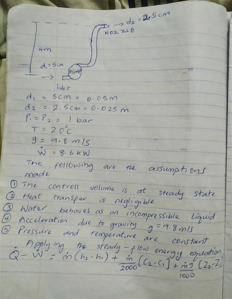 A pump steadily delivers water through a hose terminated by a nozzle. The exit of-example-1