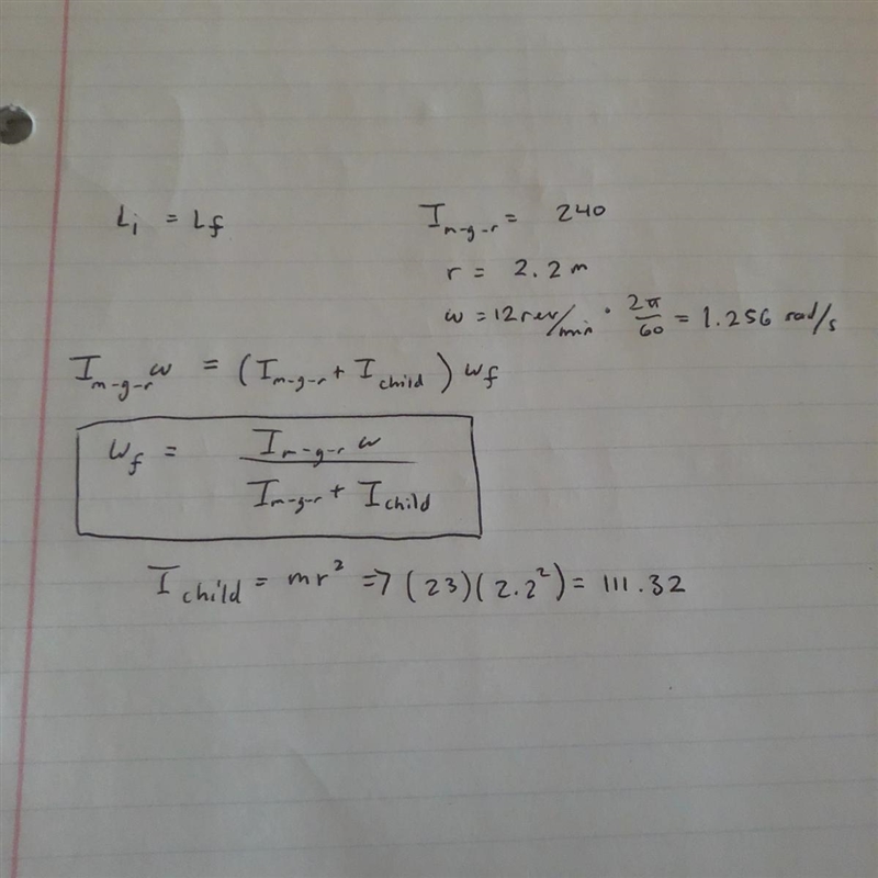 A playground merry-go-round of radius r = 2.20 m has a moment of inertia i = 240 kg-example-1