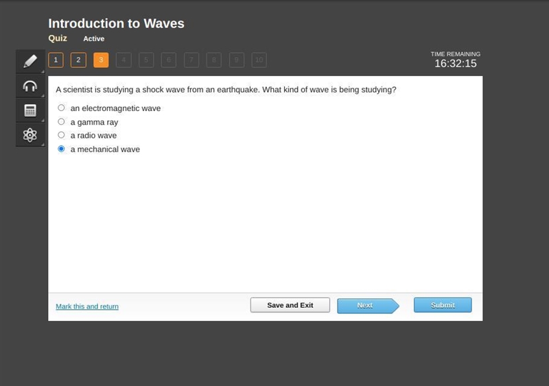 A scientist is studying a shock wave from an earthquake. What kind of wave is being-example-1