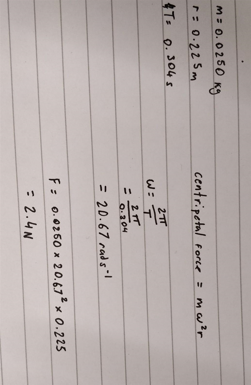 A 0.0250 kg sock spins in a dryer of radius 0.225 m once every 0.304s. how much centripetal-example-1