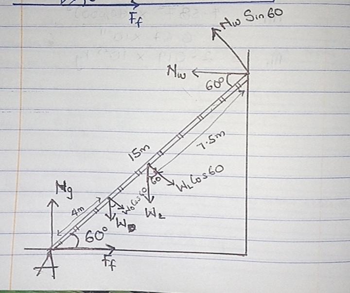 A 15 m ladder with a mass of 51 kg is leaning against a frictionless wall, which makes-example-1