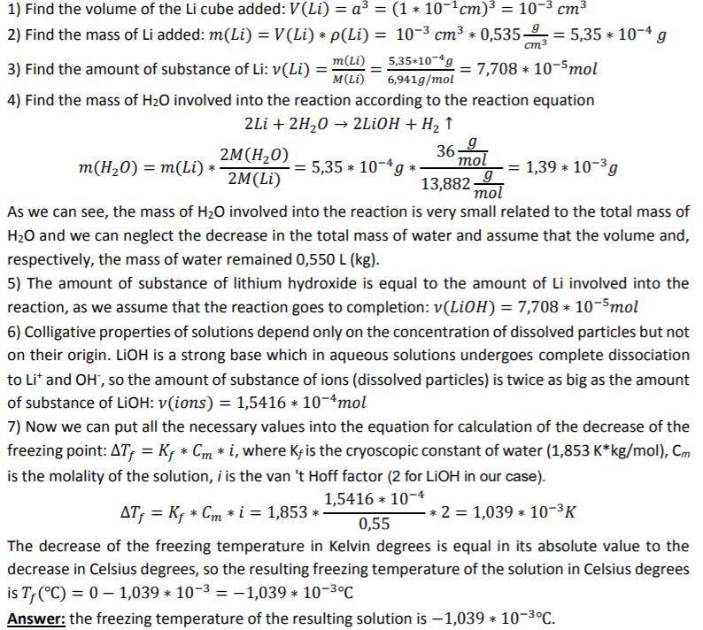 A small cube of lithium (density = 0.535 g/cm3) measuring 1.0 mm on each edge is added-example-1