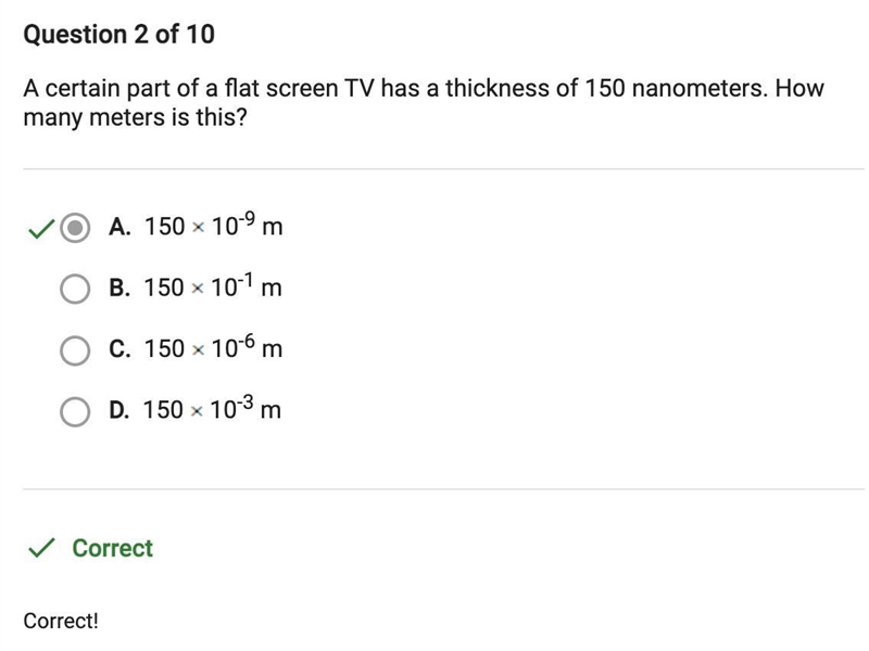 A certain part of a flat screen TV has a thickness of 150 nanometers. How many meters-example-1