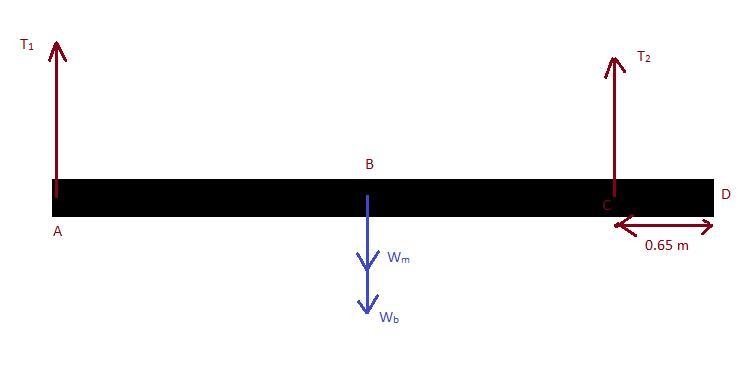 A horizontal uniform bar of mass 2.7 kg and length 3.0 m is hung horizontally on two-example-1