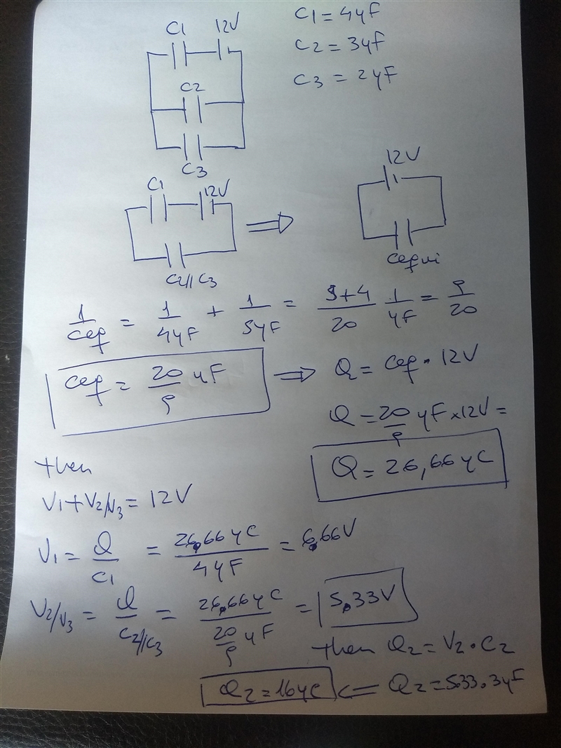 The positive terminal of a voltage source (V=12V ) is connected to a capacitor C1 = 4 μF-example-1