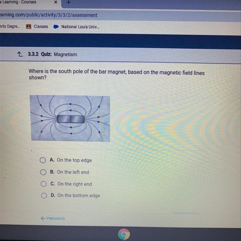 Where is the south pole of the bar magnet, based on the magnetic field lines shown-example-1