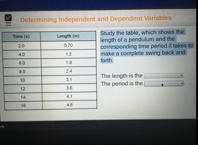 Study the table, which shows the length of a pendulum and the corresponding time period-example-1