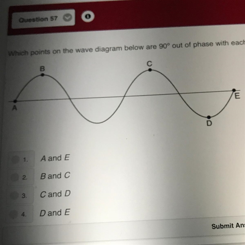 Which point on the wave diagram below are 90° out of phase with each other?-example-1