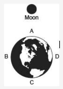 The diagram below shows four coastline locations on Earth with respect to the moon-example-1