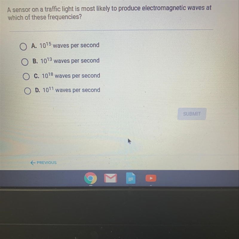 A sensor on a traffic light is most likely to produce electromagnetic waves at which-example-1