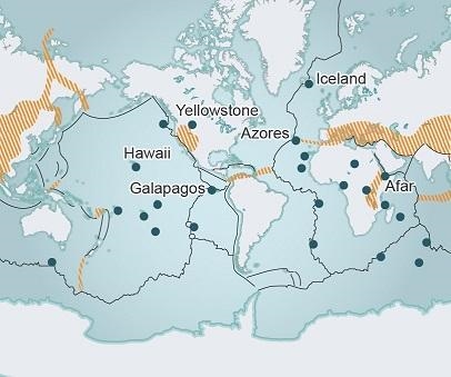 This is a map that shows hot spots around the world. Which phrases describe the formation-example-1