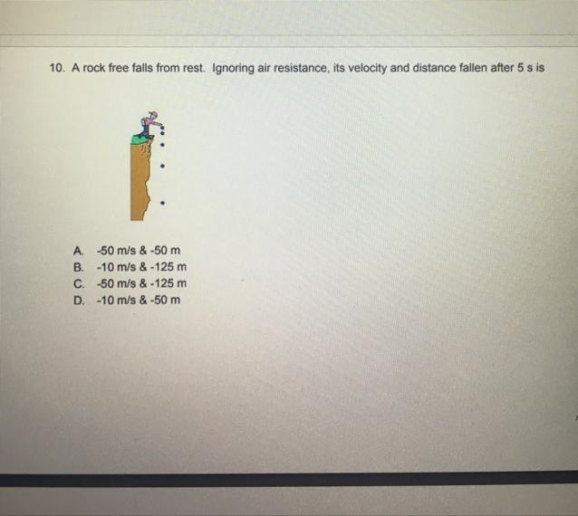 A rock falls from rest. Ignoring air resistance. It’s velocity and distance fallen-example-1