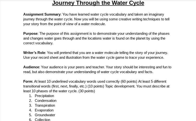 PLEASE HELP ME, 100 POINTS!! WRITE A 2 PAGE STORY IF YOU WERE A TINY WATER MOLECULE-example-1