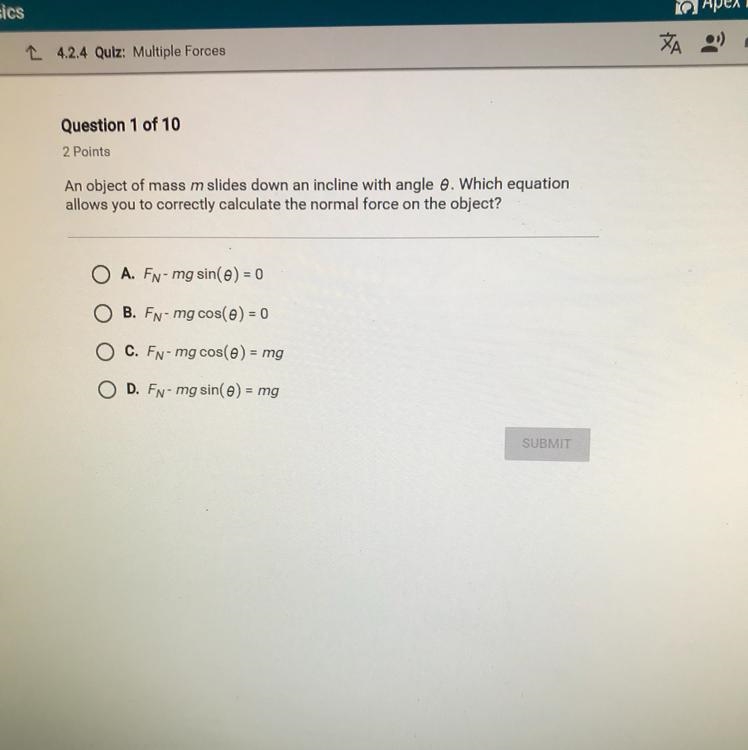 An object of mass m slides down an incline with angle 0.-example-1