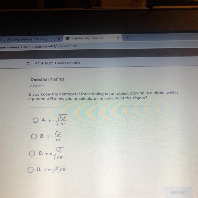 If you know the centripetal force acting on an object moving in a circle, which equation-example-1