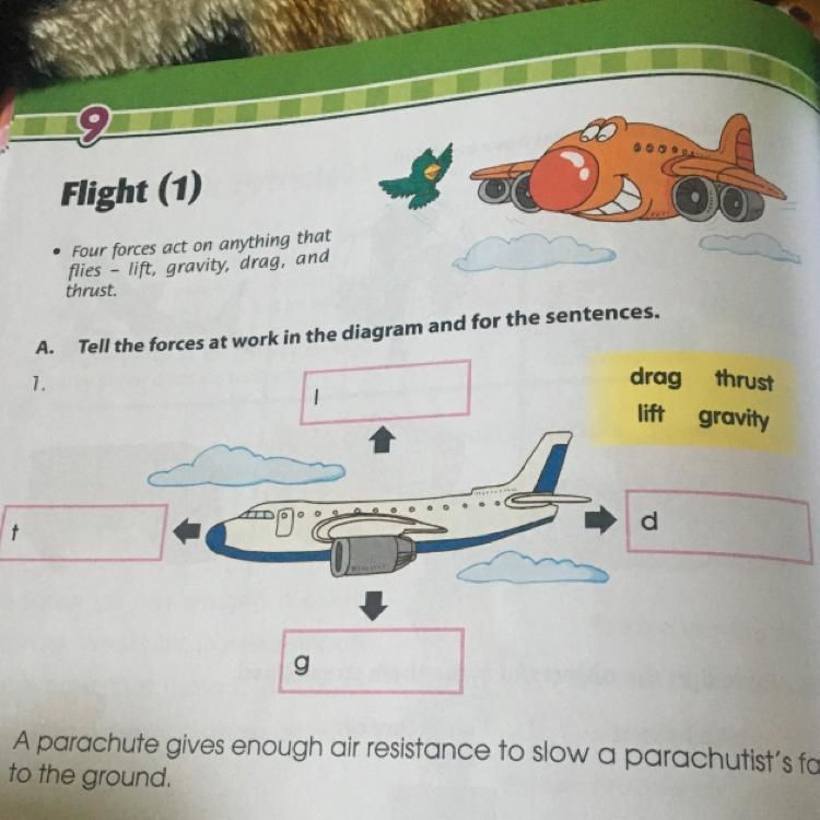 Force A. Tell the forces at work in the diagram and for the sentences. drag lift thrust-example-1