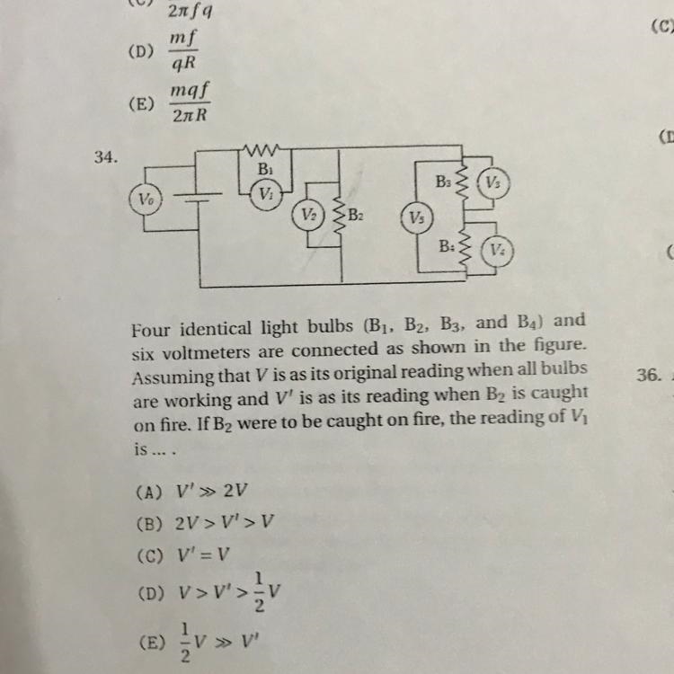 Four identical light bulbs (B1, B2, B3, and B4) and six voltmeters are connected as-example-1