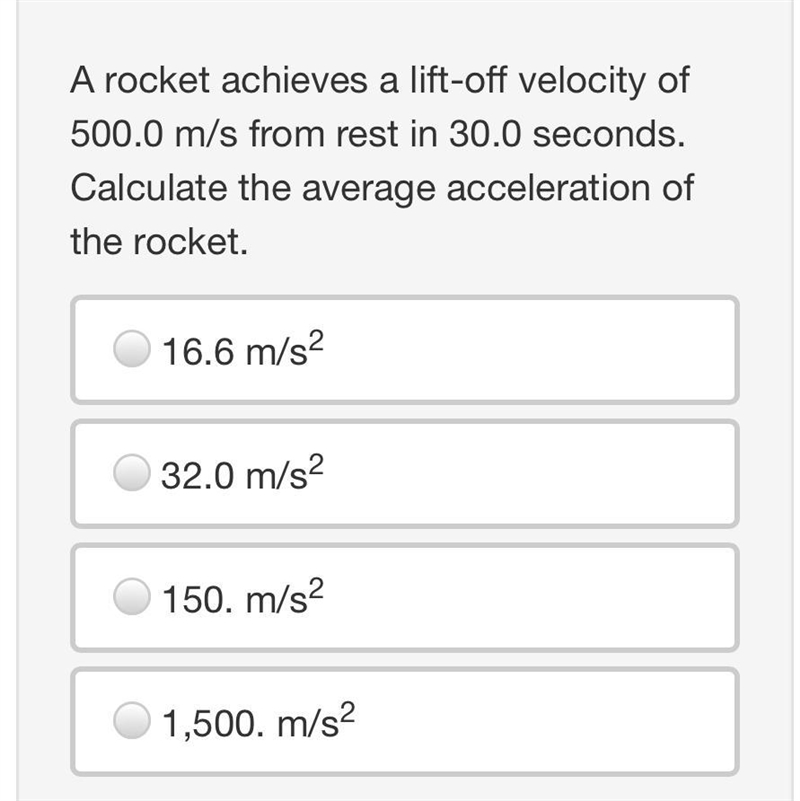 A rocket achieves a lift-off velocity of 500.0 m/s from rest in 30.0 seconds. Calculate-example-1