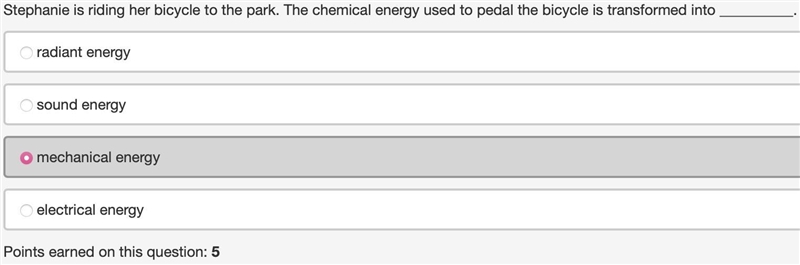 Stephanie is riding her bicycle to the park. The chemical energy used to pedal the-example-1