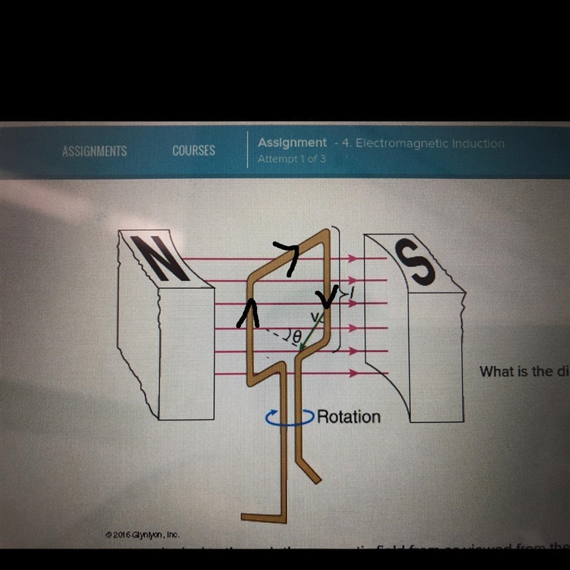 What is the direction of the current in the loop as the loop rotates clockwise through-example-1