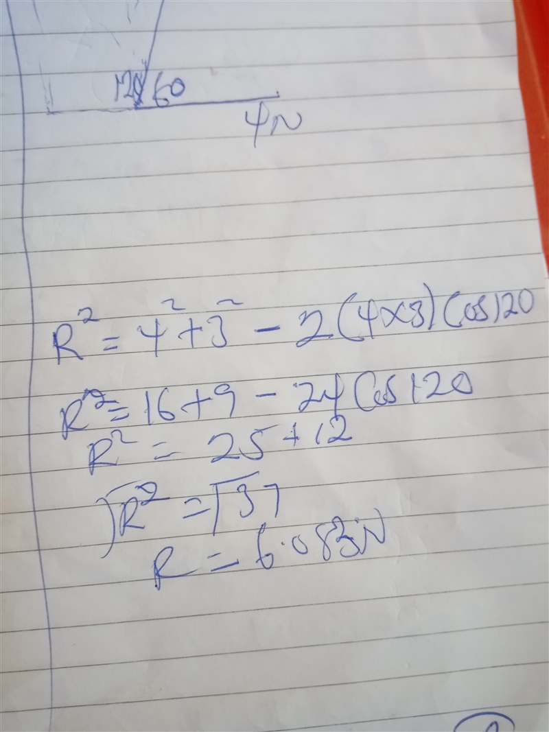 two forces 3N and 4N act on 20kg mass. calculate the magnitude of the resultant force-example-1