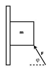 A block of mass m = 3 kg is held against a wall with a force F applied at an angle-example-1