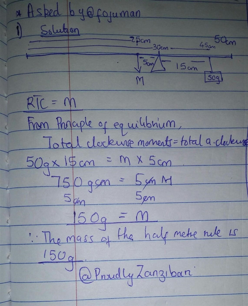 A uniforn half metre rule is pivated at its 30cm mark. A mass of 50g hung at the 45cm-example-1