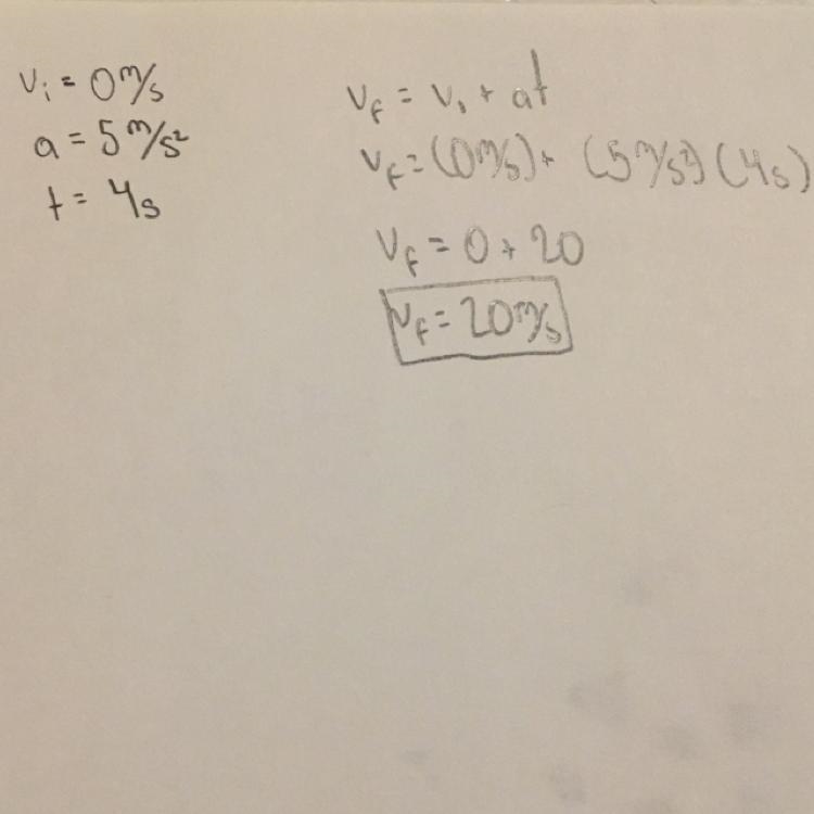 A car accelerates from rest at a rate of 5m/s^2. How fast is it traveling after 4 seconds-example-1