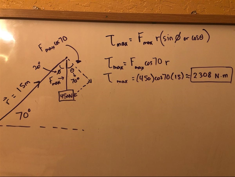 the arm of a crane is 15.0 m long and makes an angle of 70.0 degrees with the horizontal-example-1