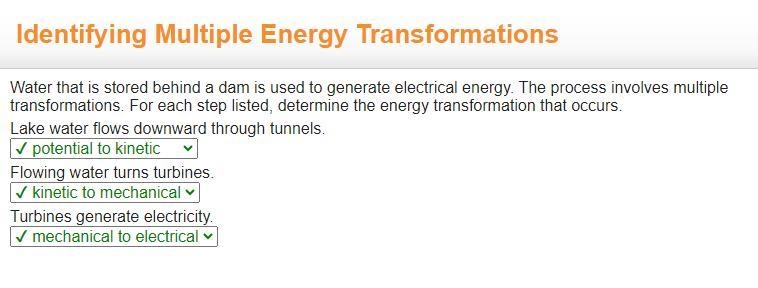 Water that is stored behind a dam is used to generate electrical energy. The process-example-1