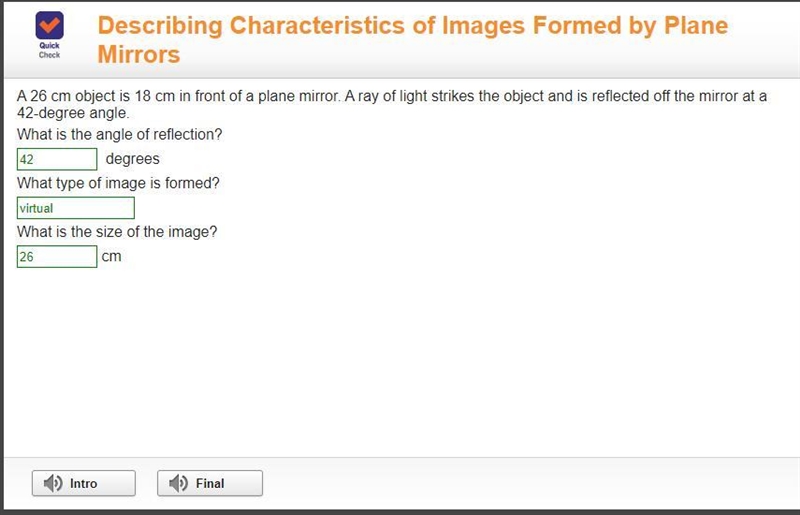 A 26 cm object is 18 cm in front of a plane mirror. A ray of light strikes the object-example-1