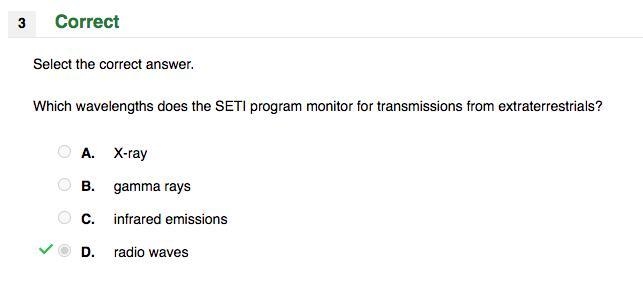 Which wavelengths does the SETI program monitor for transmissions from extraterrestrials-example-1