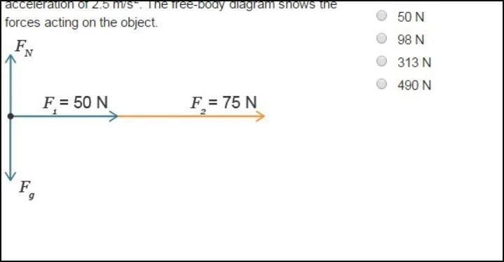 An object pulled to the right by two forces has an acceleration of 2.5 m/s2. The free-example-1