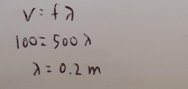 A wave with a frequency of 500 Hz is traveling at a speed of 100 m/s.what is the wavelength-example-1