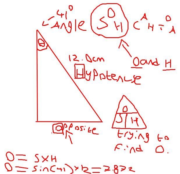 The hypotenuse of the right triangle ABC is 12.0 centimeters. The angle θ is 41.0 degrees-example-1