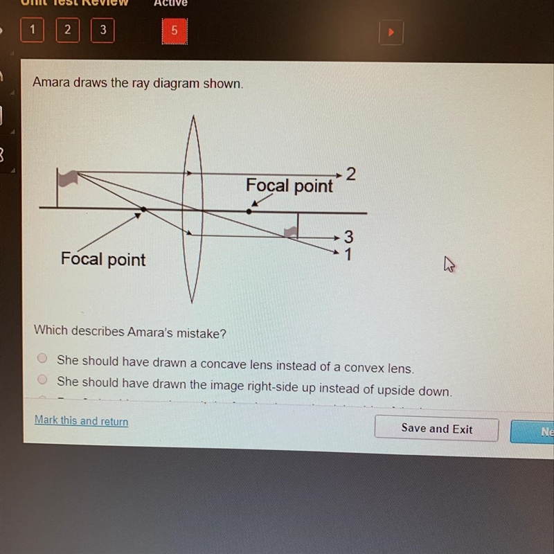 Which describes Amara's mistake? She should have drawn a concave lens instead of a-example-1