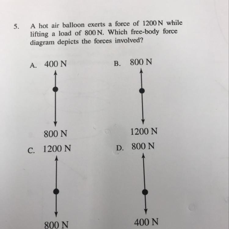 A hot air balloon exerts a force of 1200 N while lifting a load of 800 N. Which free-example-1