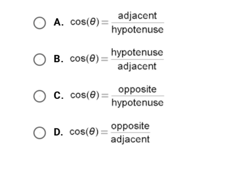 Which equation describes the cosines function for right triangle?-example-1
