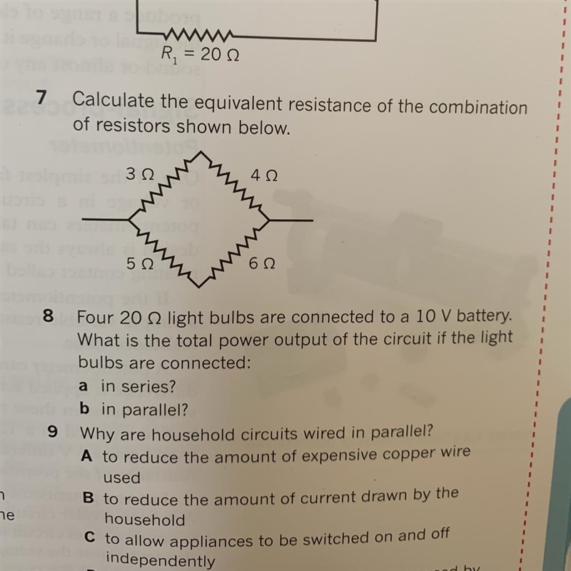 Question number 7, how to calculate the equivalent resistance of the combination of-example-1