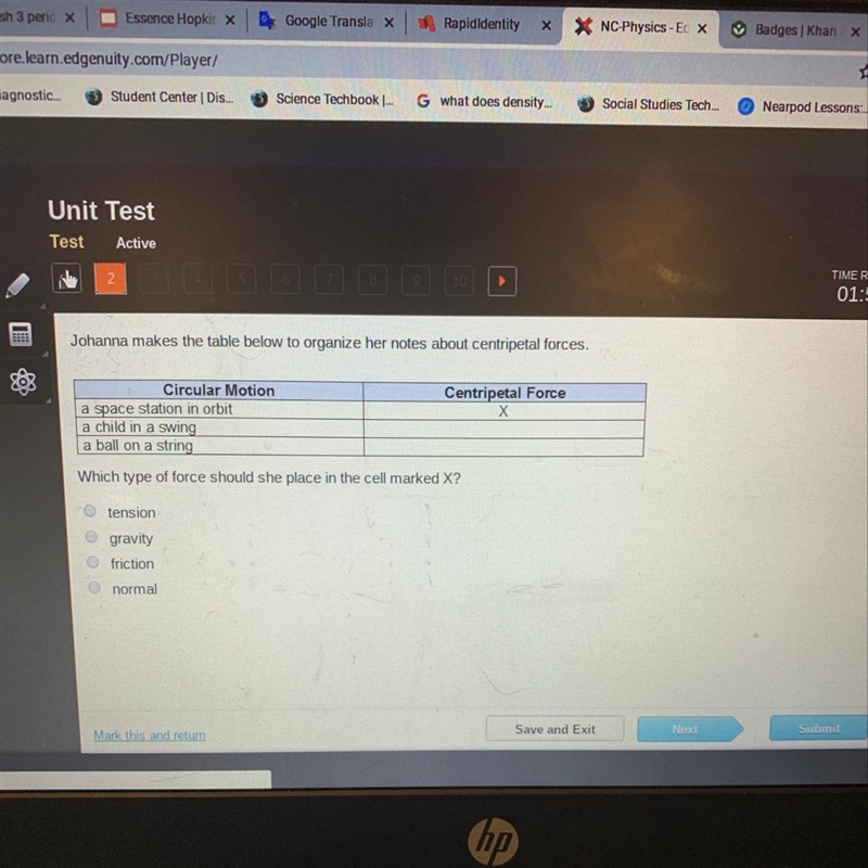 Which type of force should she place in the cell marked x-example-1