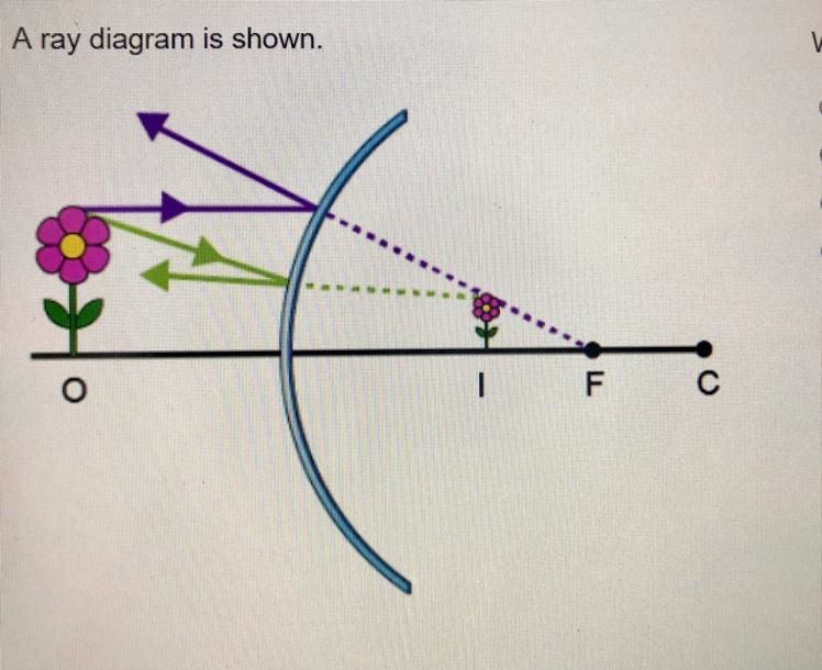 A ray diagram is shown. Which describes the image? •It is virtual and in front of-example-1