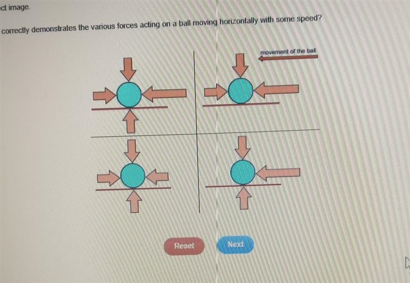 Which diagram correctly demonstrates the various forces acting on a ball moving horizontally-example-1