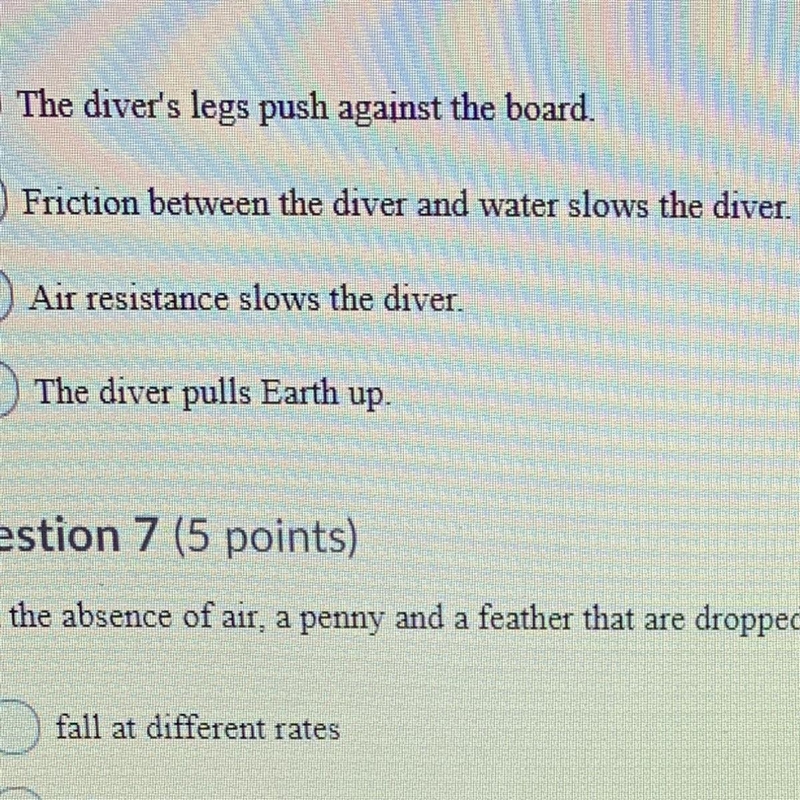 When a diver jumps off a diving board, gravity pulls him or her down to the water-example-1