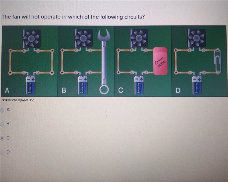 The fan will not operate in which of the following circuits A B C or D-example-1