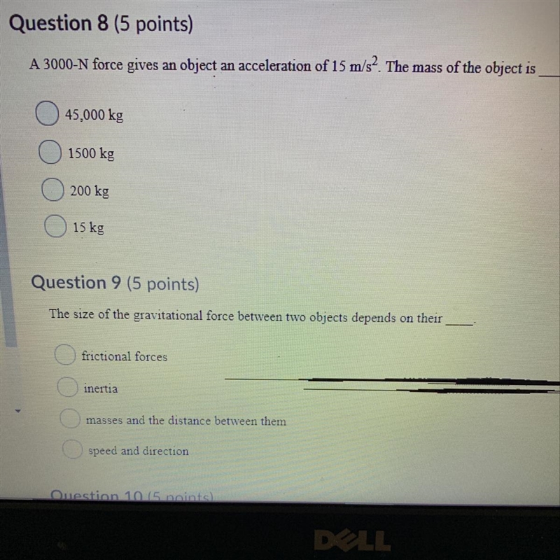 A 3000-N force gives an object an acceleration of 15m/s^2 the mass of the object is-example-1