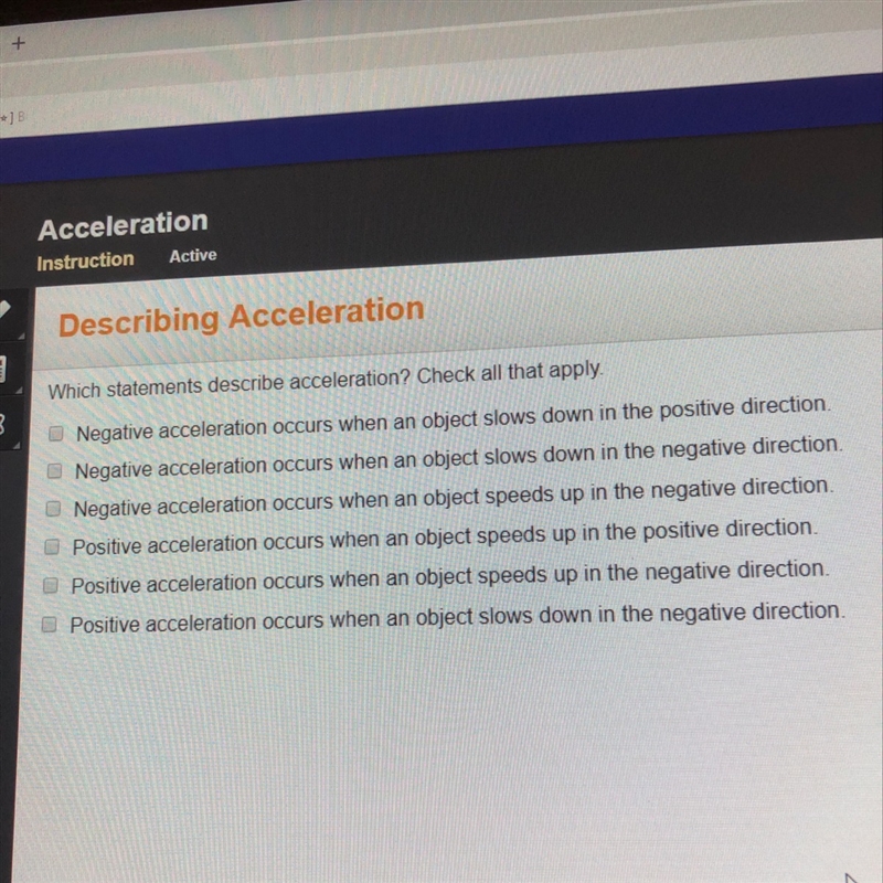 What statements describe acceleration check all that apply?-example-1