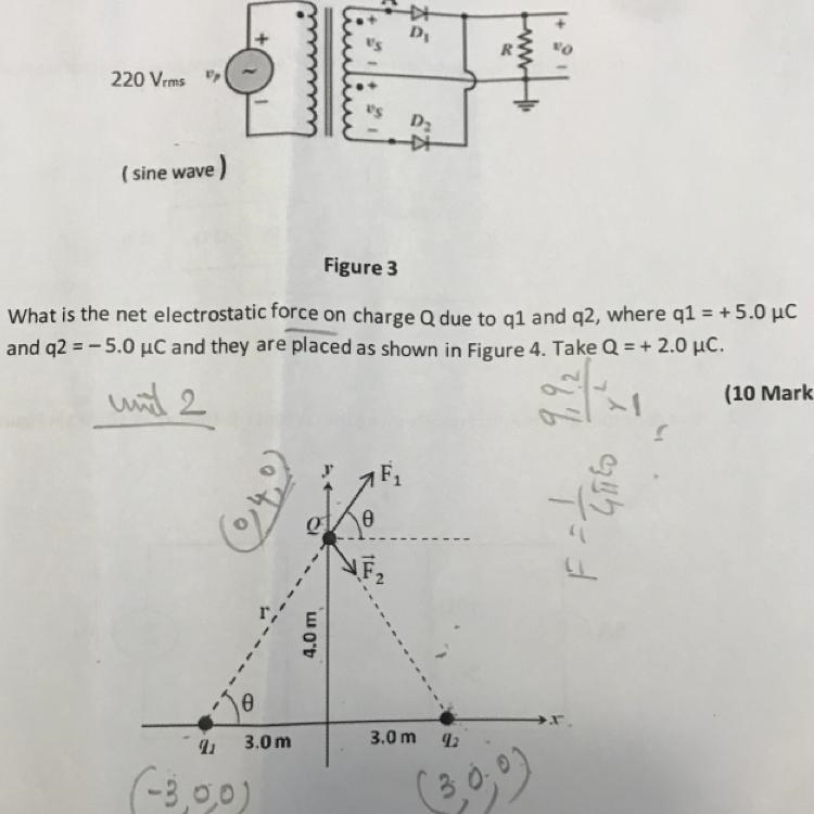 Figure 3 b. What is the net electrostatic force on charge due to gi and q2, we and-example-1