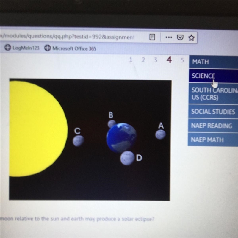 Which location of the moon is relative to the sun and earth may produce a solar eclipse-example-1