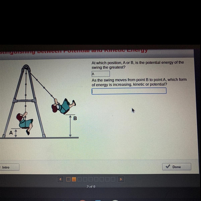 As the swing moves from point B to point A, which form of energy is increasing, kinetic-example-1